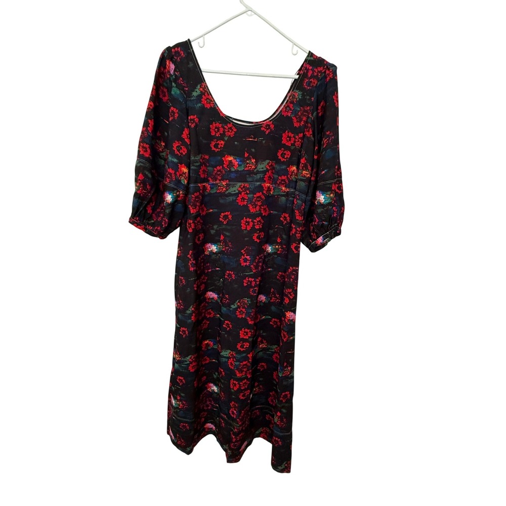 Rachel Comey Floral Midi Dress Womens 6 Black Red Puff Sleeve Empire‎ Waist